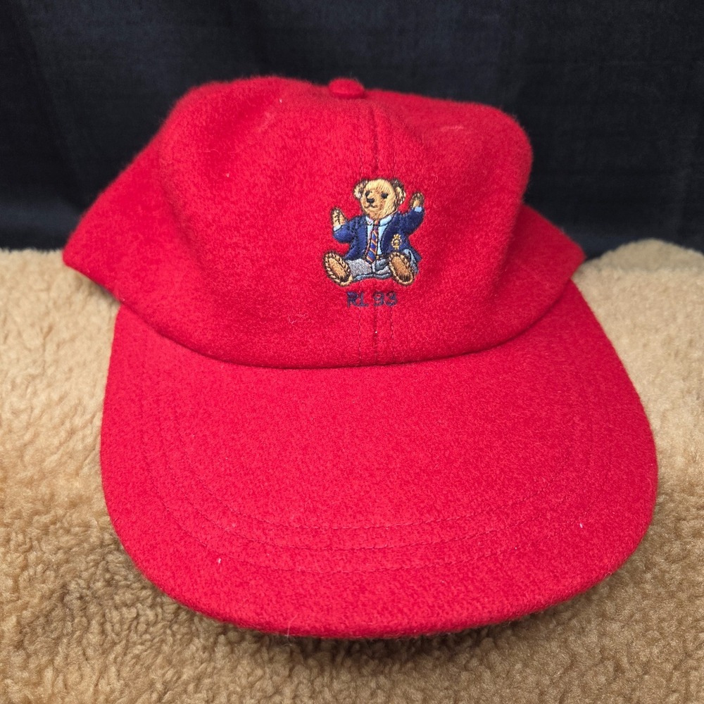 VTG Polo Ralph Lauren Bear Fitted Wool Hat Red RL93 USA Made Sz Large Rare